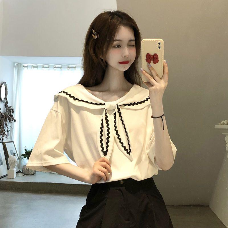 Áo Thun Cổ Hải Quân Nữ Tay Ngắn Mùa Hè Ngọt Ngào Phong Cách Đại Học Top Sơ Mi Cổ Tròn 2