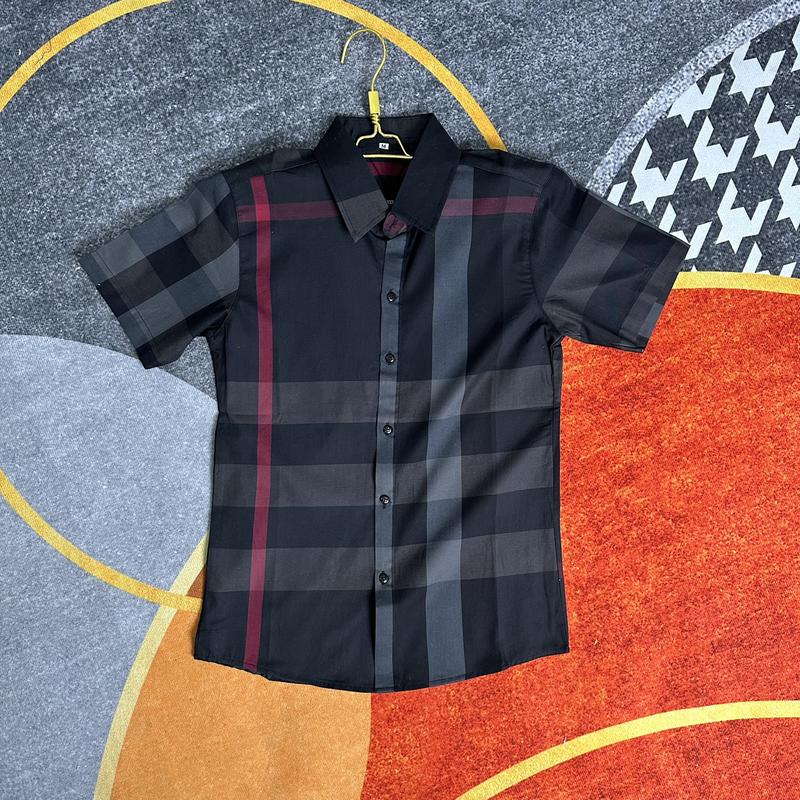 Áo sơ mi nam ngắn tay xám đen phối sọc đỏ vải cotton thô mềm mịn thoáng mát sang trọng BUNZ STORE Menswear Có Cổ Cổ Tròn