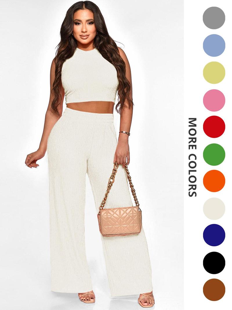 Product Introduction of Two-piece Set Women's Solid Textured Co-ord Set, Casual Round Neck Crop Tank Top & Wide Leg High Waist Pants Set, Ladies Summer Clothes for Daily Wear 7