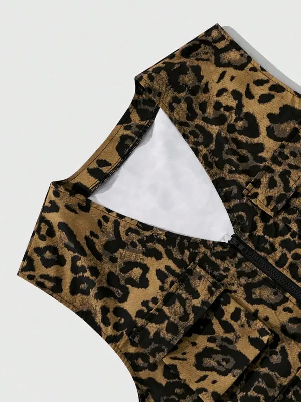 Men's Leopard Print Zip Up Vest Jacket, Regular Fit Casual Pocket Design Sleeveless Outerwear for Outdoor Hiking Camping, Fashion Men's Clothes for Summer, Menswear 7