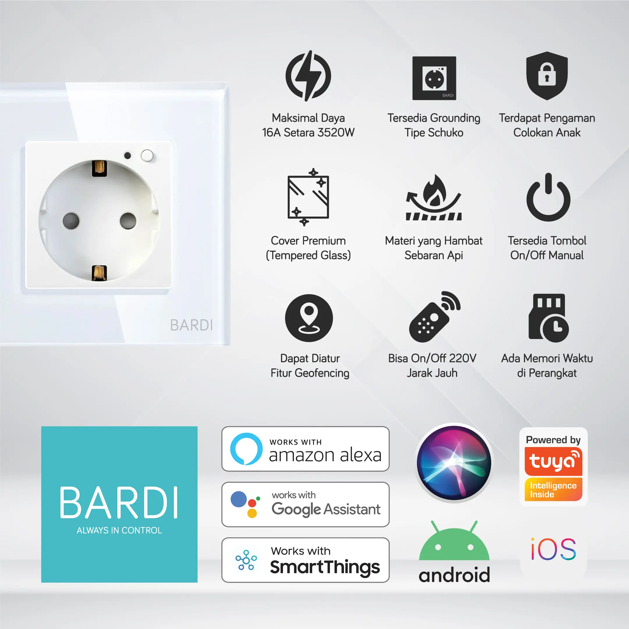 BARDI Smart Wall Socket EU Max 16A PTH/HTM - Stop Kontak Dinding Pintar Otomatis Wi-Fi Automation Putih Hitam