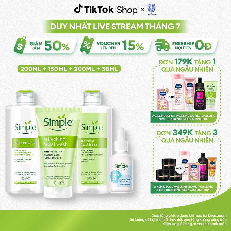 Combo Skincare 4 Simple Nước tẩy trang 200ml + Sữa rửa mặt lành tính sạch thoáng 150ml + Nước hoa hồng 200ml + Serum cấp ẩm 30ml cho da sạch khỏe đàn hồi [1]