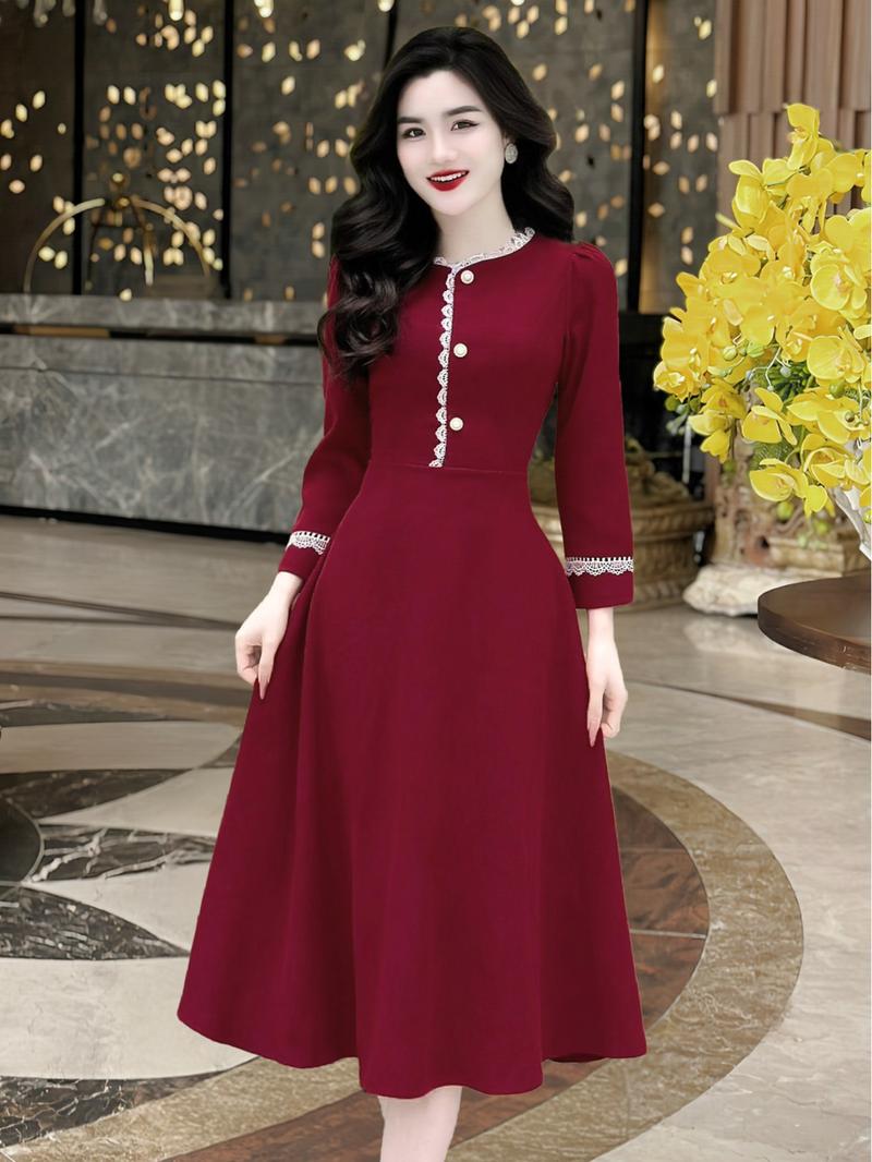 Product Introduction of [MIỄN SHIP] MDU1587 Váy Nhung Hàn Phối Ren 2 Lớp - Thiết Kế Thanh Lịch Dành Cho Nữ Women Dress Đỏ 1