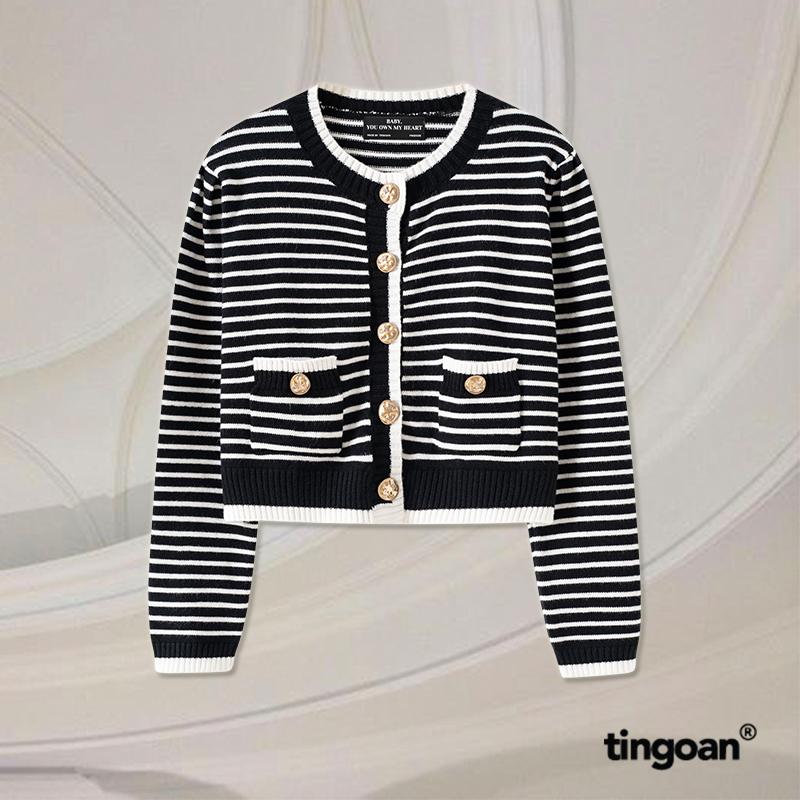 TINGOAN - Áo set len xù cardigan lửng tặng kèm áo 2 dây kẻ ngang nhỏ đen vai bồng CAPPUCCINO CARDIGAN BL