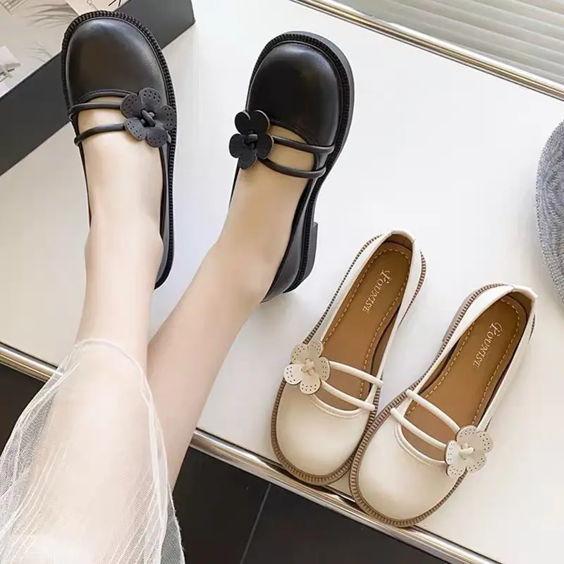 giày búp bê lobita nữ 5cm cài hoa trà chất da mềm Mũi tròn Shoes Giày Bệt 7