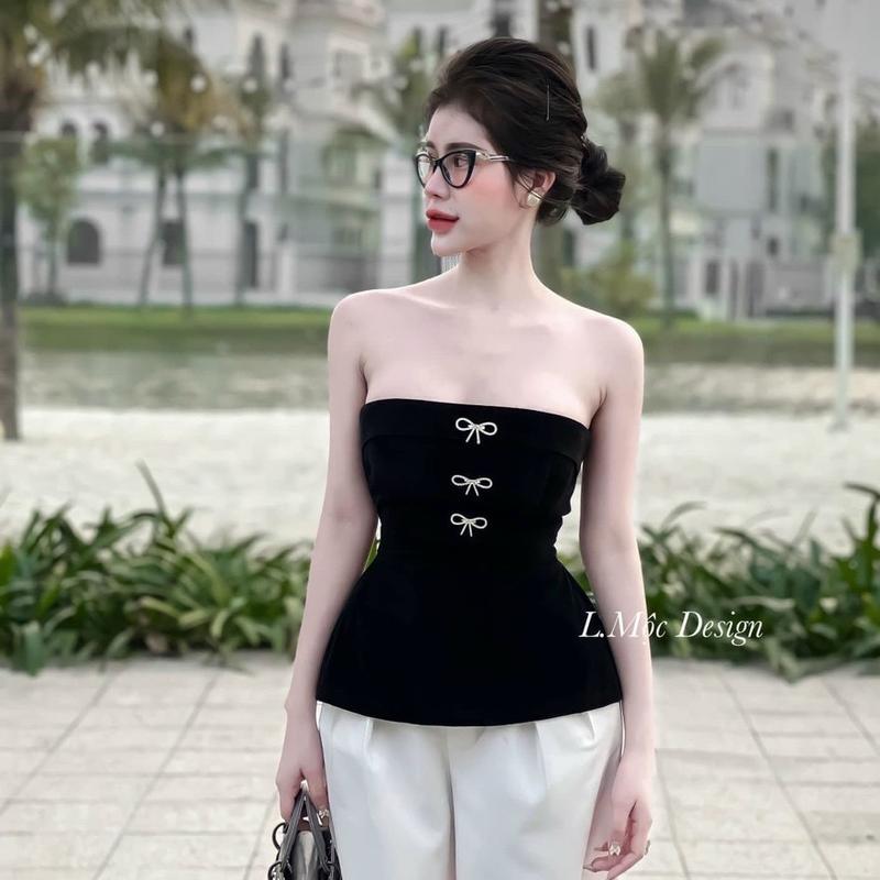 Áo cup đính 3 nơ có khoá kéo sau lưng chất cotton co giãn