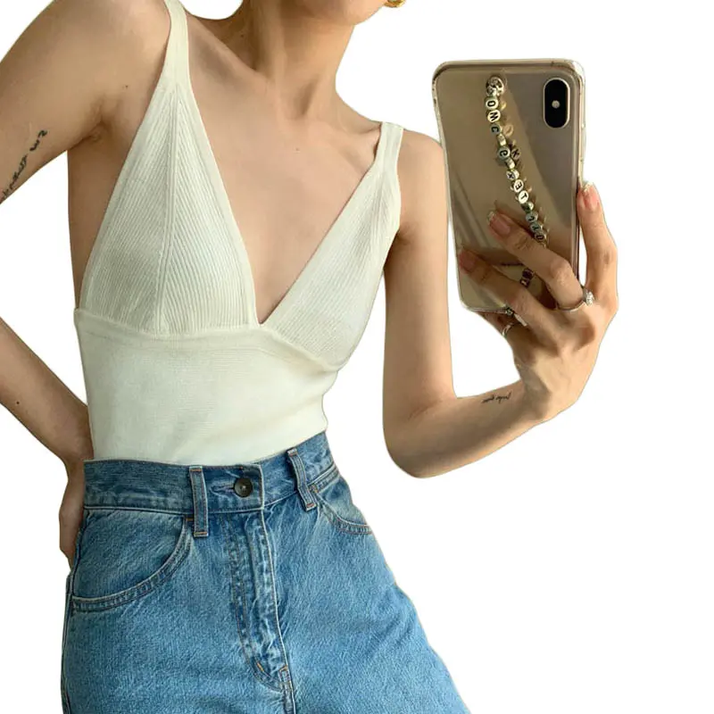 Women's Crop Knit Tank Tops Slim Deep V Neck Open Back Solid Color Sleeveless Shirts for Summer