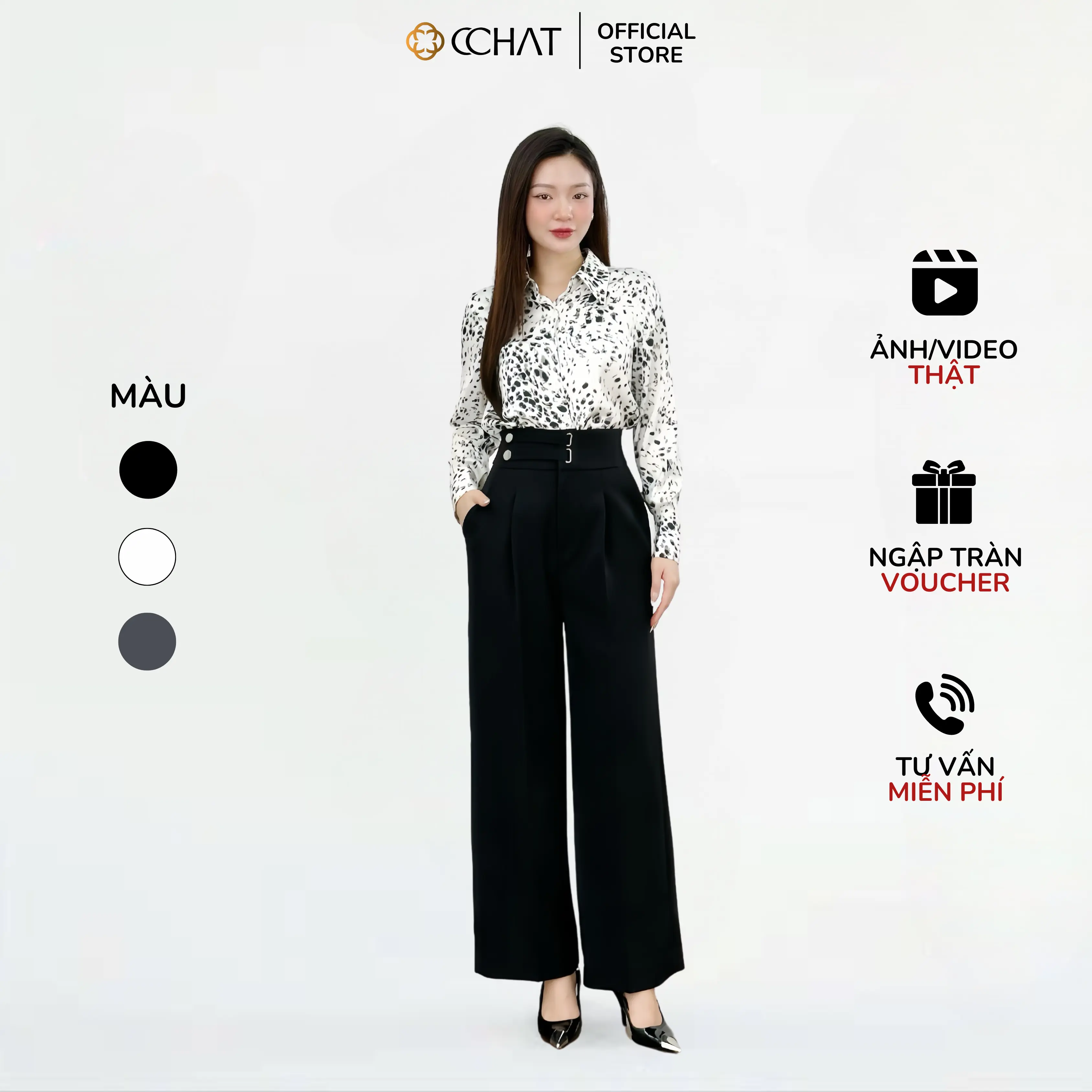 Quần Suông Nữ Women Pants CCHAT Cạp Bản Cao Rachel Chất Tuytsi Đứng Form 14QDS2002ST
