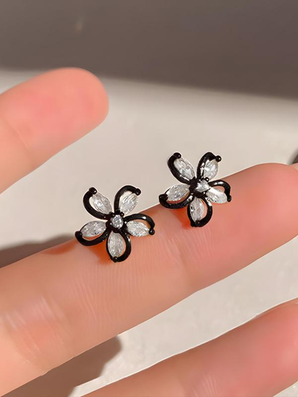 1 Pair Minimalist Elegant Rhinestone Decor Flower Shaped Design Stud Earrings, Fashion Jewelry For Women 9