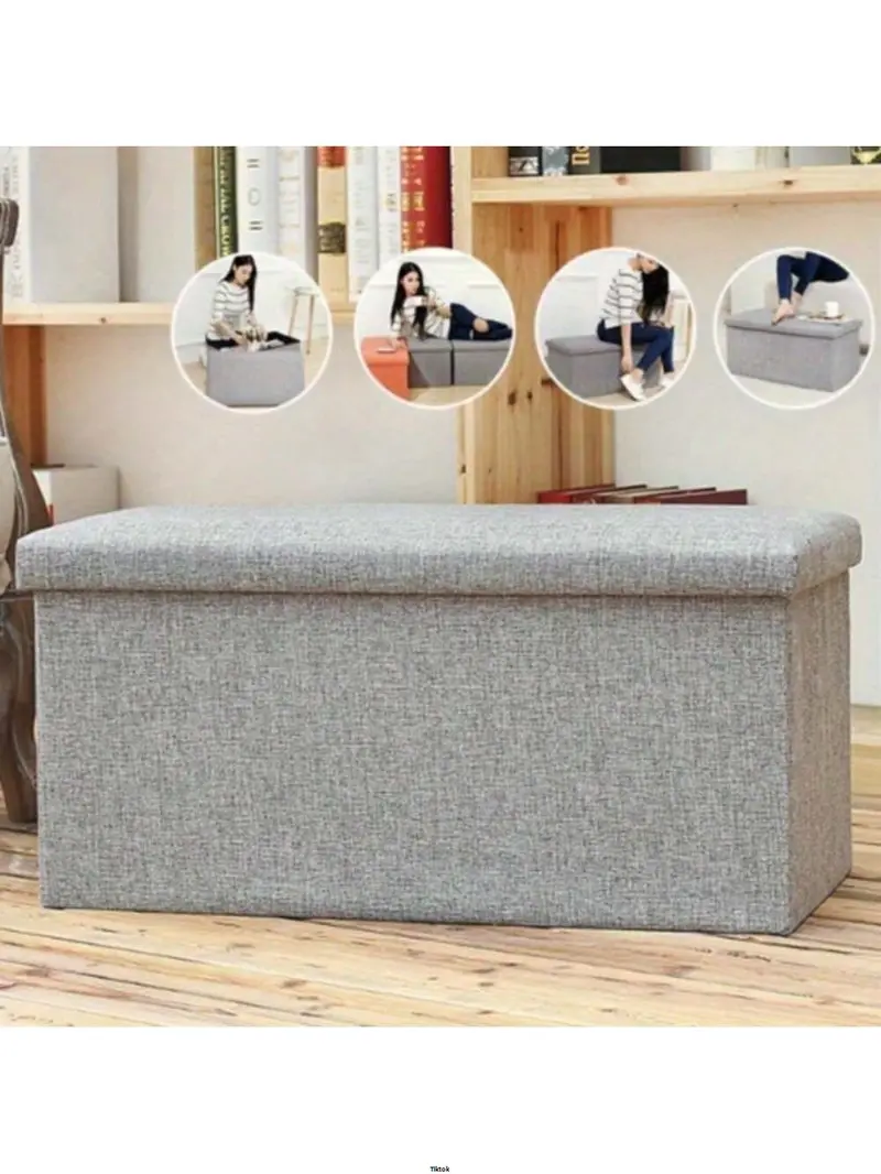 Product Introduction of FootStool Foot Pouffe Folding Stool Seat Pouffe Ottoman Storage Folding Linen Large Double Foot Storage Boxes Grey Storage Ottoman Makeup Seat Stool Storage Box 2