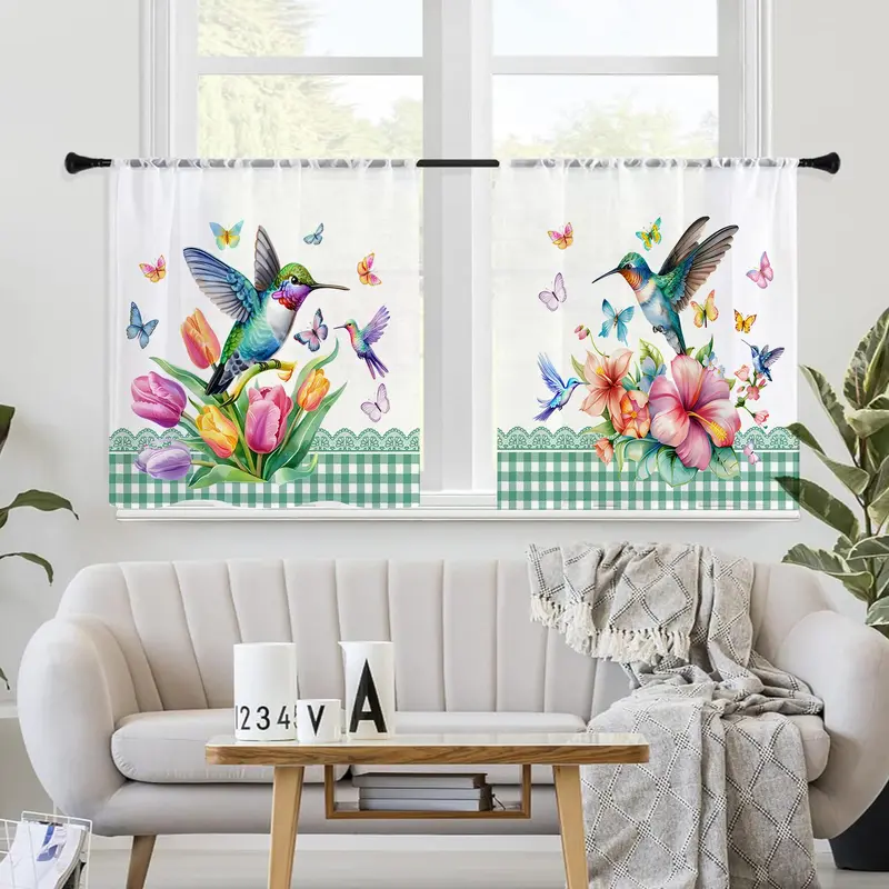 Floral & Hummingbird Pattern Curtain, 2 Counts/set Modern Simple Short Curtain, Window Curtain for Home Living Room Bedroom Kitchen Bathroom 5