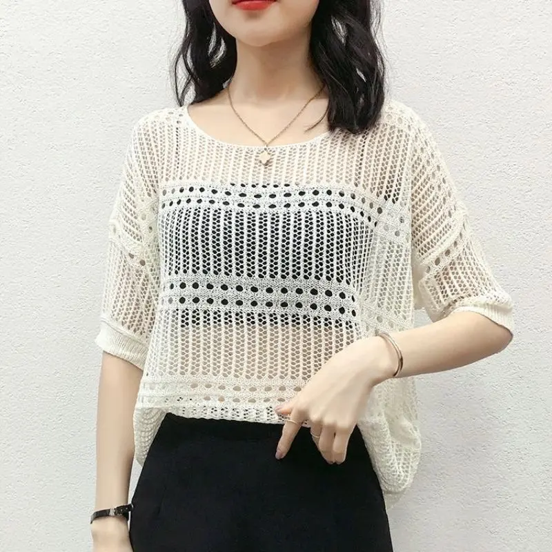 Áo Len khoét ngắn Tay Mới Mùa Hè 2024 Dệt Kim Áo Chui Đầu Dáng Rộng Mỏng Yếm Cho Nữ Áo Lớp Cơ Sở Áo Sơ Mi Điều Hòa Không Khí
