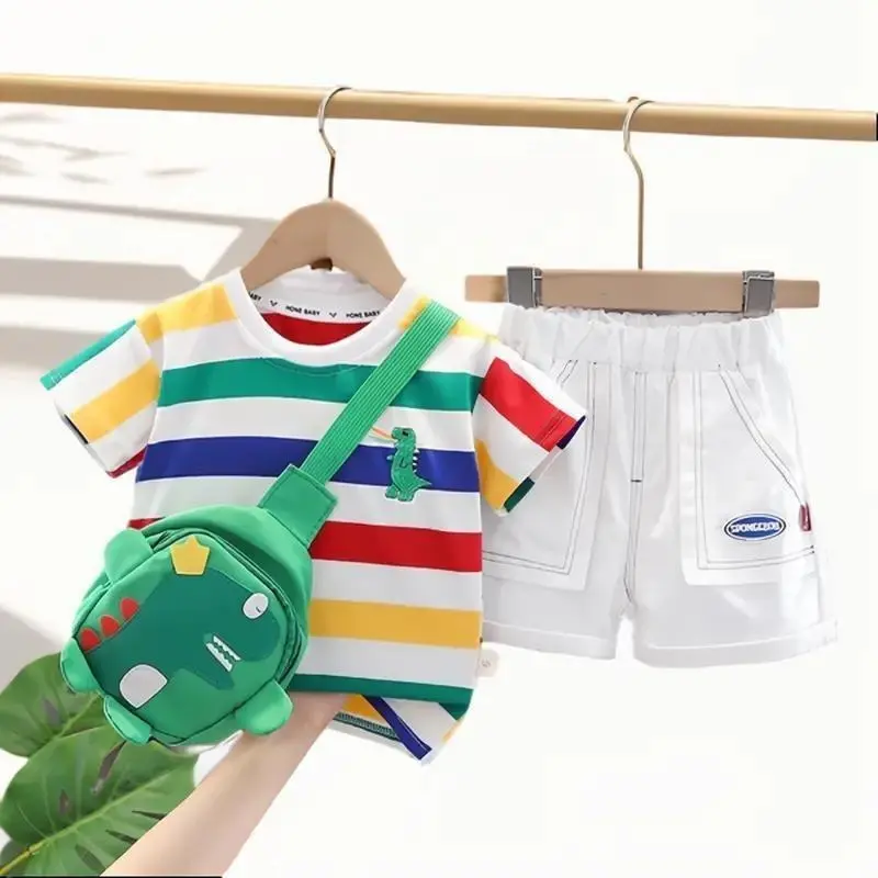Tas Dino Setelan Baju Anak Laki-Laki Garis Dino Tas Motif Dino Celana Pendek GRATIS FREE TAS DINO Fashion setelan  anak korea import Kemeja 1