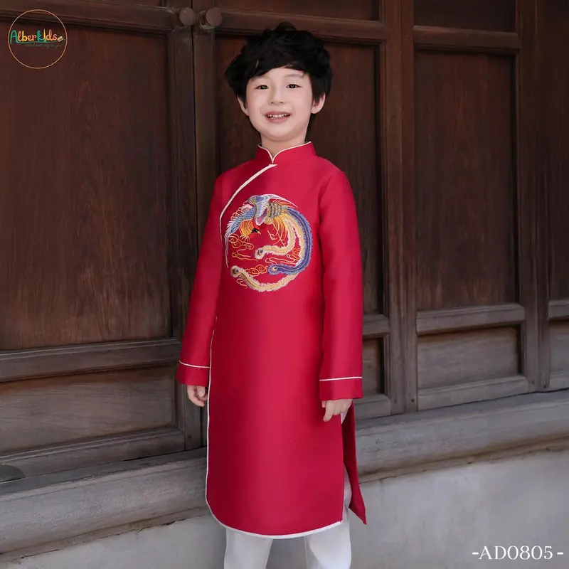 Áo dài bé trai ALBERKIDS Xanh Đỏ Thêu Phượng cho trẻ em 2,3,4,5,6,7,8,9,10,11,12 tuổi AD0805 5