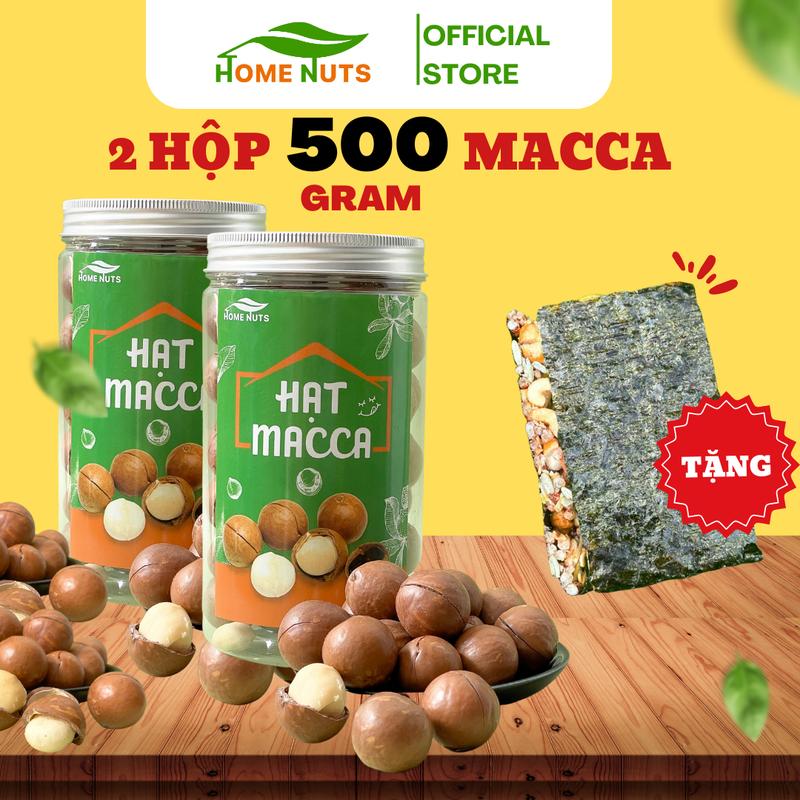 Combo 1kg macca sấy nứt vỏ Home Nuts (gồm 2 hộp hoặc 2 túi) tặng 1 thanh bánh rong kẹp, mắc ca sấy - Không chiên qua dầu, không chất bảo quản, tốt cho sức khỏe Snack Ăn Vặt Food Thức Ăn tự nhiên quả hạch & đậu