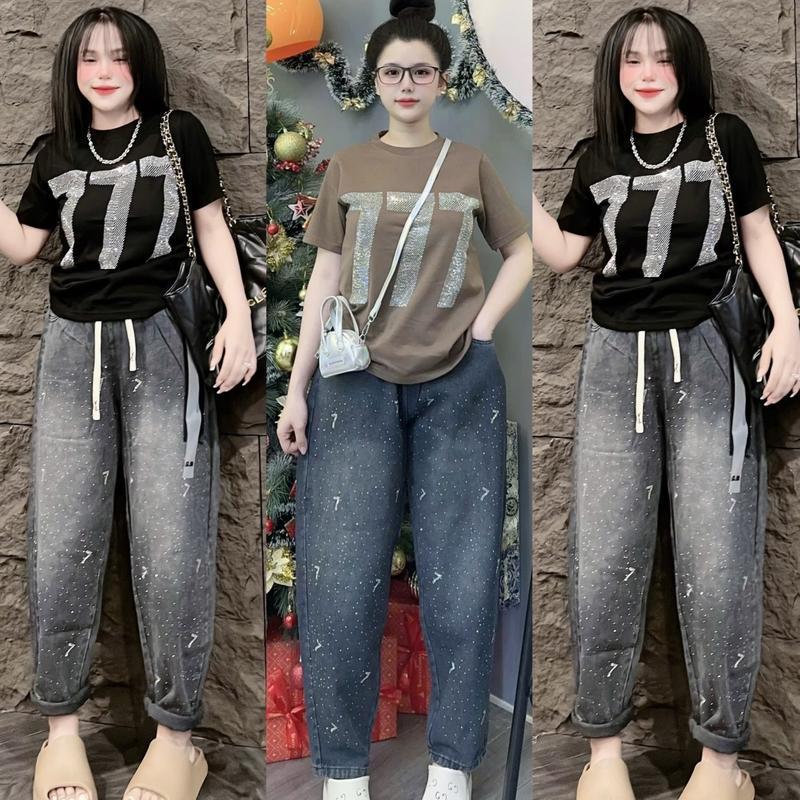 Sét Bộ Jean Áo Tay Ngắn Cổ Tròn In Số Bẩy Bẩy,(Áo Phom Vừa,Kèm Quần Jean Bagyy Đính Đá Số Bẩy,Jean Mềm Không Giãn ,Phom 45-55kg,Mặc Thoải Mai Nữ Women Top Kem Voi Thun