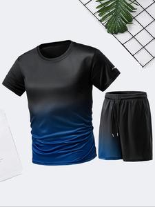 Two-Piece Set Men's Ombre Print Tee & Shorts Set, Breathable Quick Drying T-shirt & Shorts, Casual Top & Bottoms for Outdoor Gym Running
