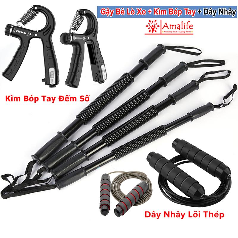 Combo 3 Gậy Bẻ Lò Xo + Kìm Bóp Tay Đếm Số+ Dây Nhảy Lõi Thép Không Tạ, Bộ Thanh Lò Xo Kháng Lực Đàn Hồi 20kg 30kg 40kg 50kg 60kg Tập Cơ Tay Ngực Vai Kèm Kìm Bóp Tay Đếm Số ECO, Dây Nhảy Đi Kèm TậpThể Dục Tại Nhà – Bộ 3 Chiếc Cực Hót