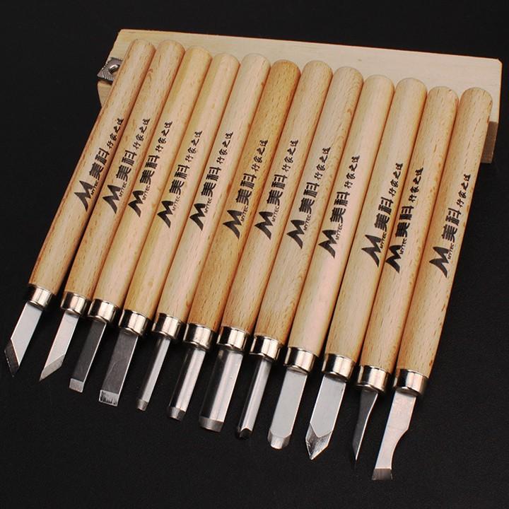 Bộ đục gỗ, dao điêu khắc gỗ 12 món lưỡi thép hợp kim SK5