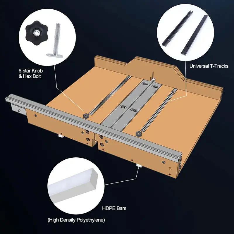 Table Saw Crosscut Sled Kit, 6 Counts/set Table Saw Crosscut Sled Kit with Miter Bars, Aluminum Tracks, Knob and Bolt, Including Predrilled Holes and Screws 2