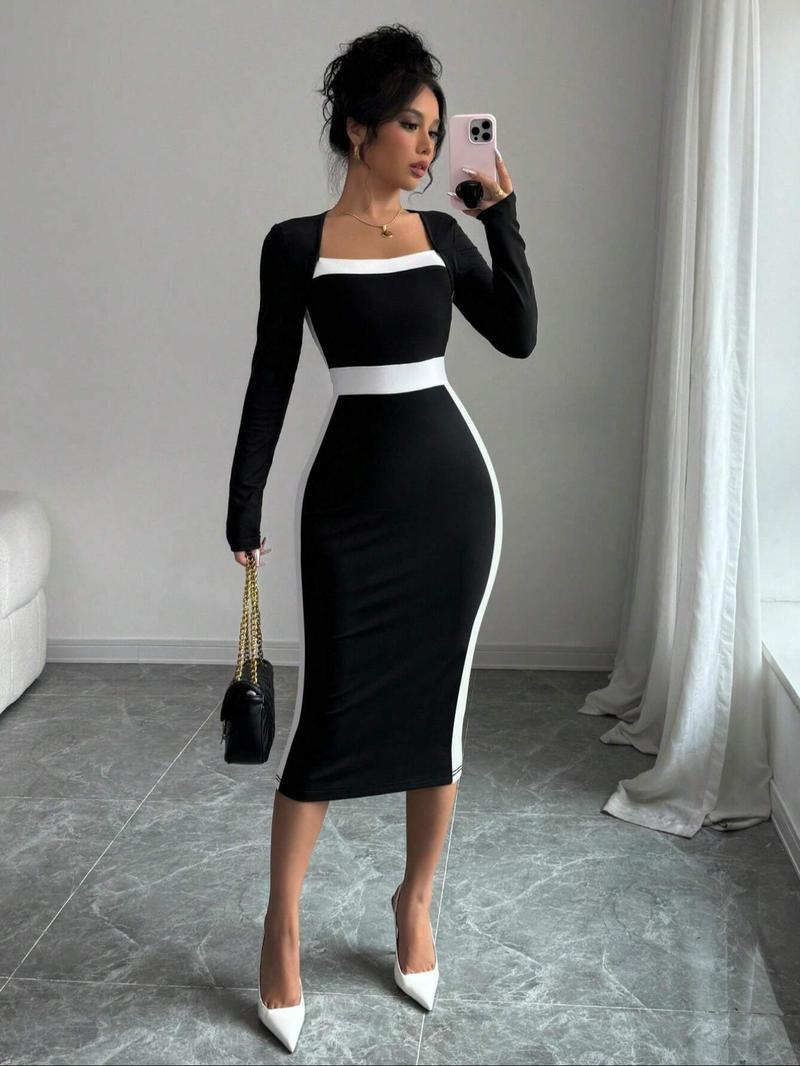 Product Introduction of Women's Colorblock Print Bodycon Dress, Elegant Long Sleeve Midi Dress for Party Holiday Wedding Guest, Ladies All Seasons Clothes 1