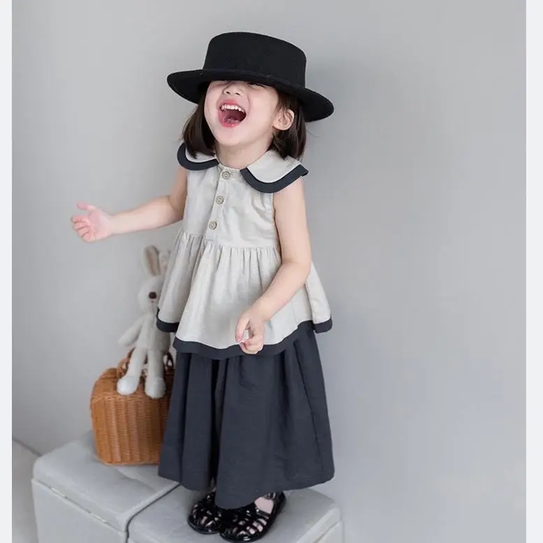 Set áo Sơ Mi cotton Lanh Cổ Búp Bê Không Tay Màu Trơn Kèm Quần ống rộng Thời Trang Mùa Hè Phong Cách Mới Dành Cho Bé Gái Cổ Tròn Shirt set đồ 0