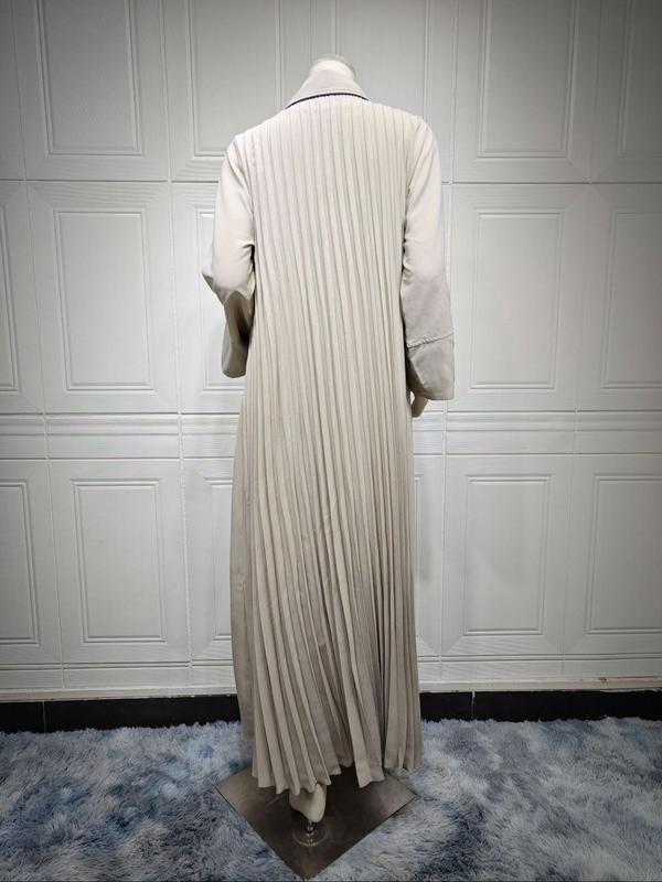 Arabic Clothing-Solid Fake Buttons Plicated Abaya, Elegant Split Sleeve Shawl Collar Outerwear, Women's Islamic Clothing For Spring & Fall 8