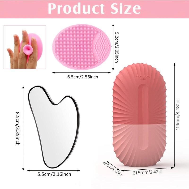 Reusable Skin Care Tools, Ice Roller & Silicone Face Scrubber Brush & Stainless Steel Gua Sha Board, Comfort Personal Beauty Set for Women & Men, Pore Removal 1
