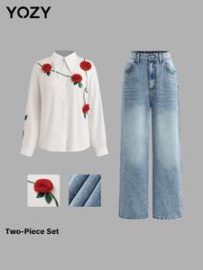 YOZY Women's Floral Design Button Front Shirt & Straight Leg Jeans Set, Women's Clothes for Daily Wear
