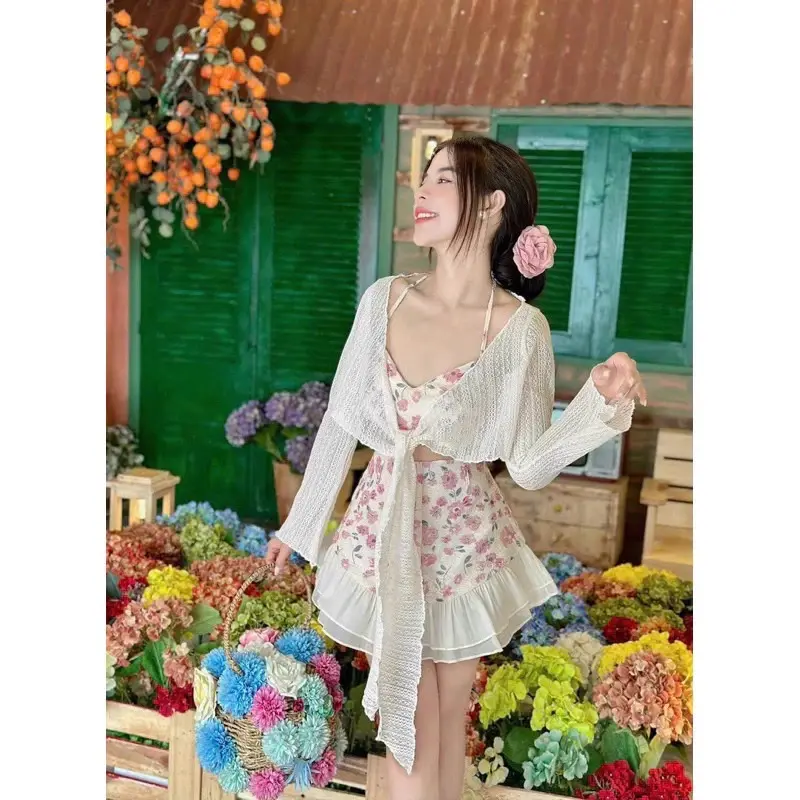 Hion Store - (Có BIGSIZE) Set 3 món áo crop yếm thêu hoa + chân váy bèo + áo khoác lưới cột