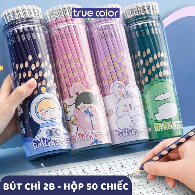 Hộp 50 bút chì 2B  kèm tẩy, bút chì gỗ định vị màu hồng/tím/xanh dương xinh xắn - nét đậm, giá rẻ_5831 bút chì cá heo but  viet