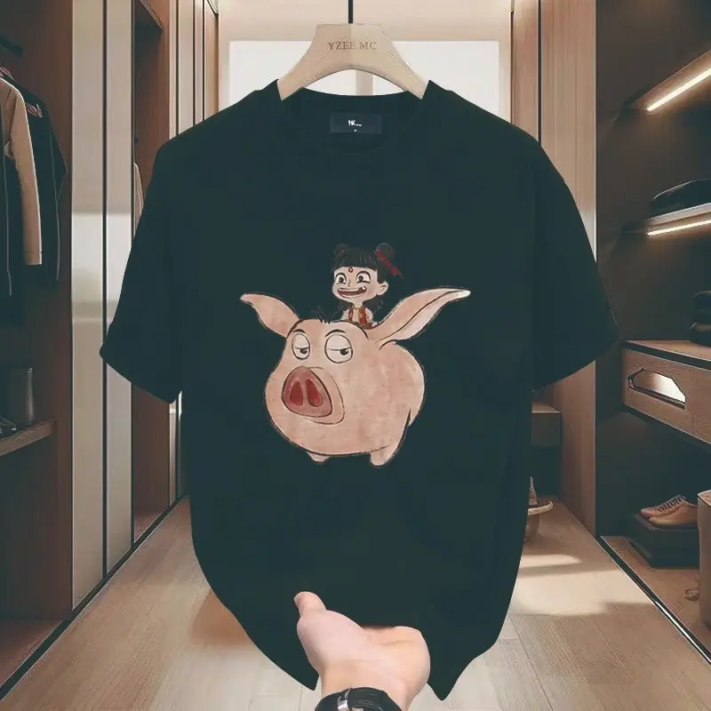 Cute Nezha Original Animation Piece Design Combed T-Shirt Men Retro Loose All-Match Casual Half-Sleeved Men m-3xl