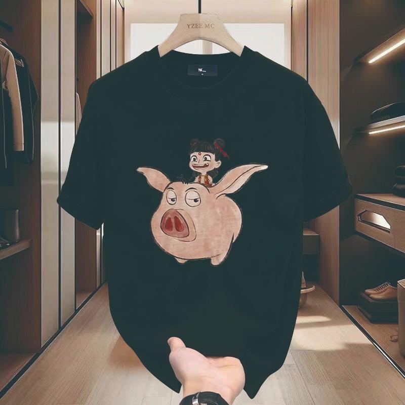Cute Nezha Original Animation Piece Design Combed T-Shirt Men Retro Loose All-Match Casual Half-Sleeved Men m-3xl 0