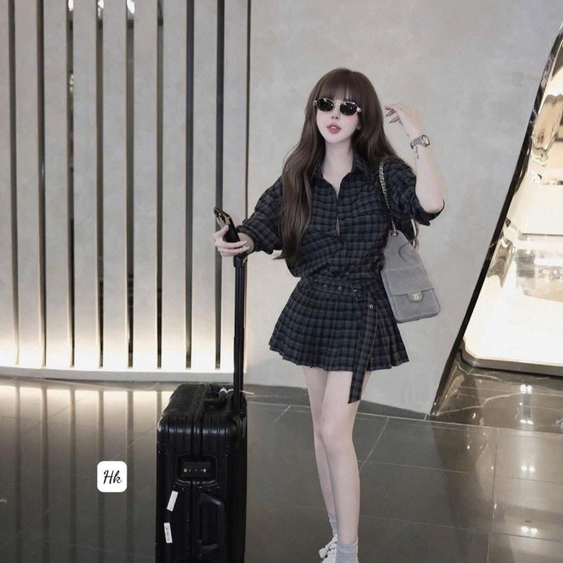 [XA KHO] Set áo sơ mi kẻ dài tay kèm chân váy dáng ngắn 04266