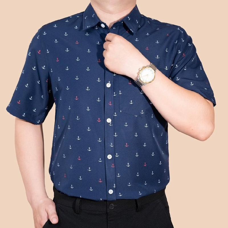 Áo sơ mi nam trung niên mỏ neo ngắn tay có túi lụa hàn có cổ