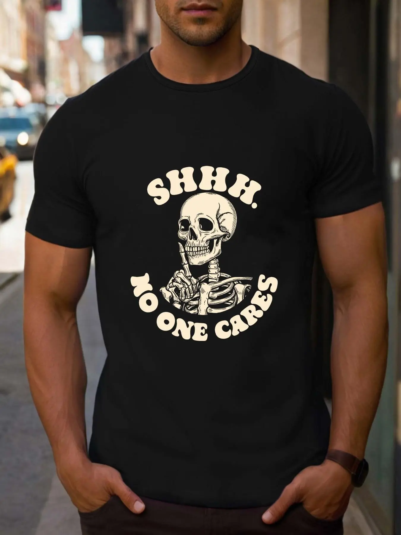 Men's Skeleton & Letter Print Round Neck Tee, Regular Fit Casual Short Sleeve Crew Neck T-Shirt for Summer, Fashion Men's Top for Daily Wear