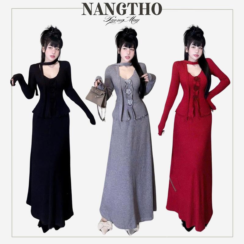 T839 set hot đồ đi tiệc 2 món Tay Dài Đính 3 Hoa Len C.Váy Dáng Xòe Thun Gân Co Giãn sang chảnh