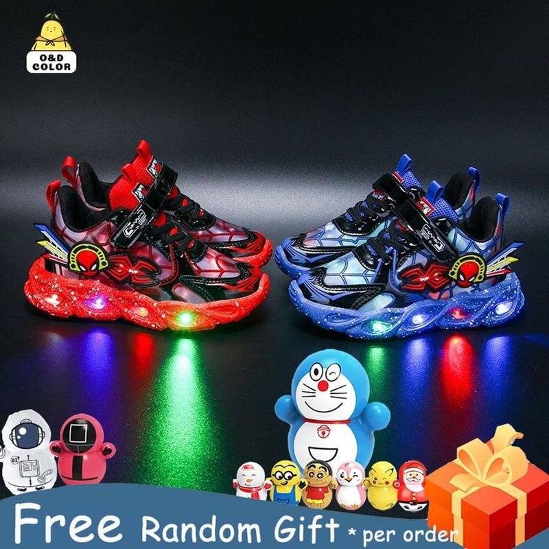 Giày Thể Thao Đế Mềm Thoáng Khí Có Đèn LED Hình Người Nhện Cho Bé Trai Giầy thể thao siêu nhân spider man [T033]