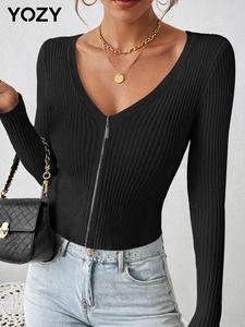 YOZY Women's Solid Zip Up V Neck Cardigan, Casual Long Sleeve Ribbed Knitwear for Fall & Winter, Women's Knit Clothing for Daily Wear