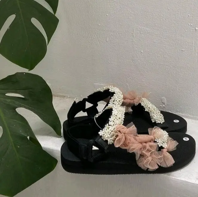 Sendal Tali Wanita Beads Manik Mote Tulle Untuk Main Cewe Wanita Perempuan Kekinian