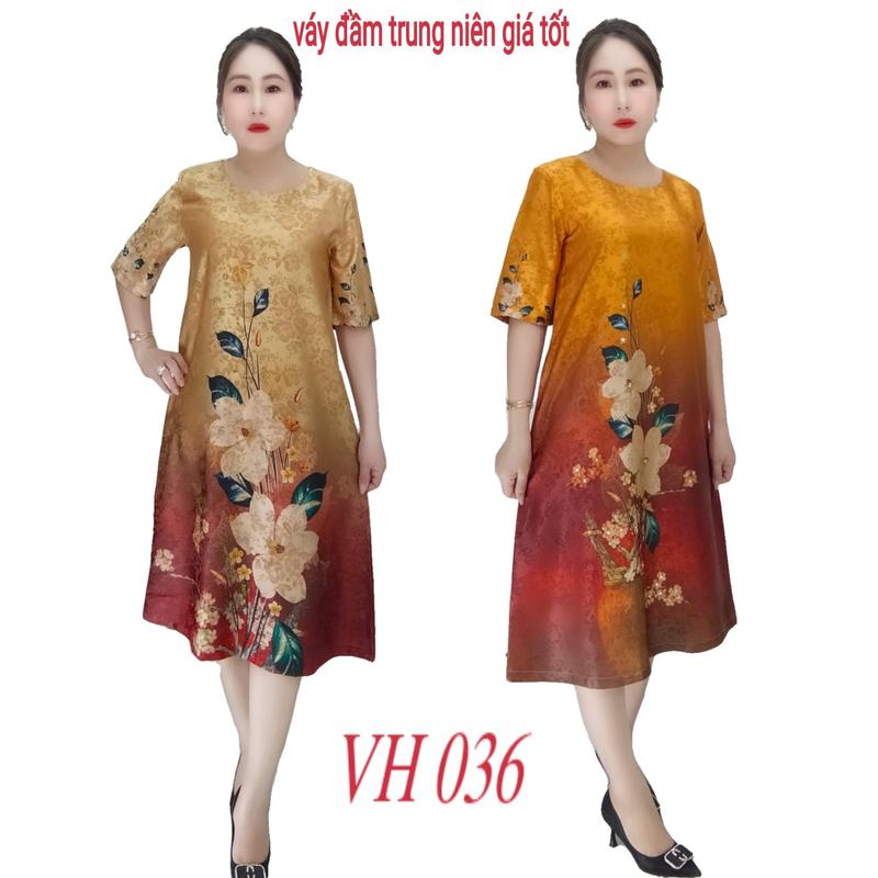 Đầm GẤM LỤA  VH036 cao cấp Quảng Châu in hoa 3D , ép đá hạt sang chảnh  lịch sự phù hợp với tuổi trung niên Nữ Dress Women Voan Voi