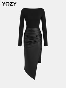 YOZY Women's Solid Color Wrap Hem Ruched Bodycon Dress, Elegant Long Sleeve Boat Neck Dress for Party Dating Wear, Ladies Clothes for All Seasons