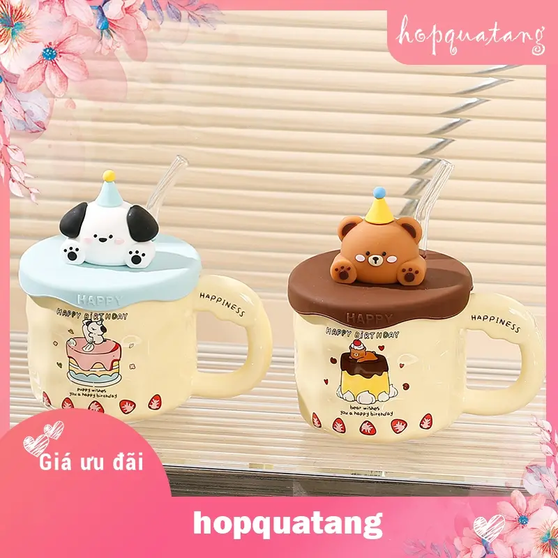 Cốc Sứ Cốc Uống Nước Nắp Hình Thỏ Gấu Sáng Tạo Kèm Hộp Quà Làm Quà Tặng Sinh Nhật 2