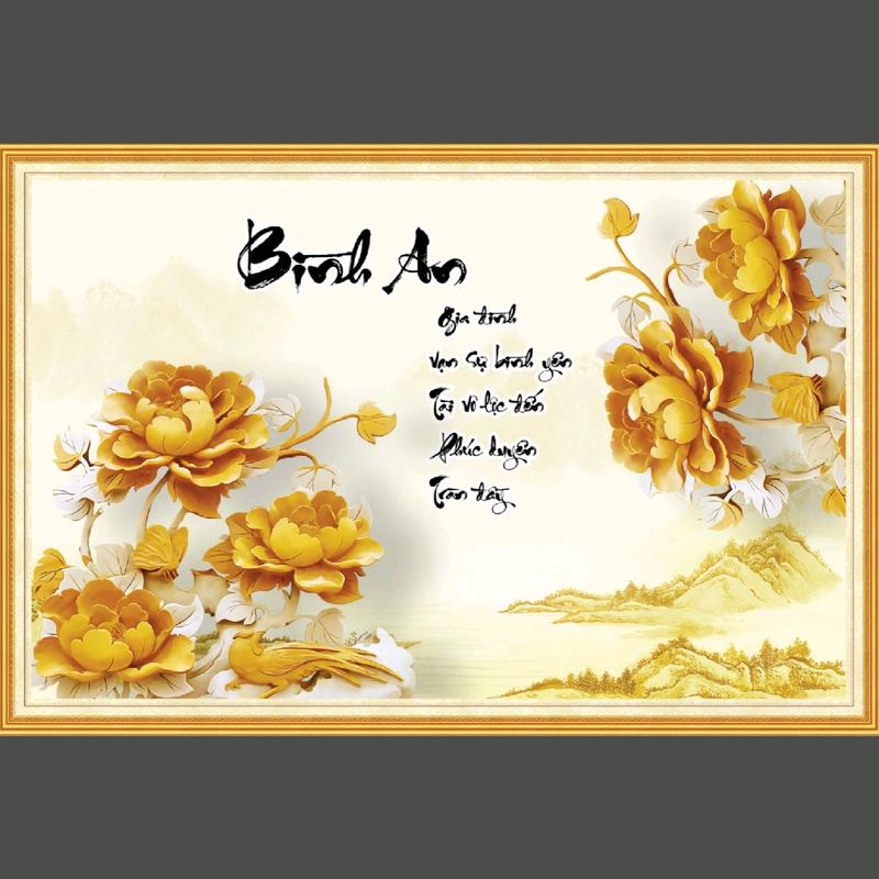 Tranh hoa mẫu đơn trang trí phòng khách phòng thờ, tranh 3D dán tường in trên chất liệu vải lụa (shop tặng kèm keo dán)