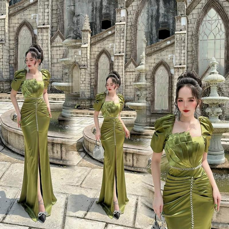 [NGA PHẠM 'DRESS] - ĐẦM DẠ HỘI LỤA KẾT CƯỜM EO PHỐI TƠ ORGANZA XẾP LY TAY PHỒNG DÁNG DÀI XẺ CHÂN -(6 màu) Nữ Women Voi  Trắng váy dự tiệc đỏ hồng 4