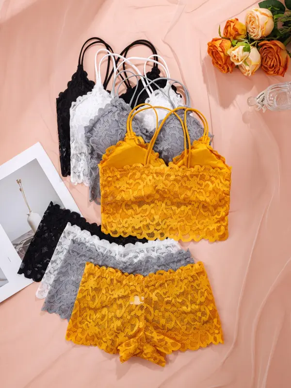 Women's Contrast Lace Backless Bra & Shorts Underwear Set, Sexy Comfy Breathable Lingerie Set for Daily Wear, Underwear Set for Women 7