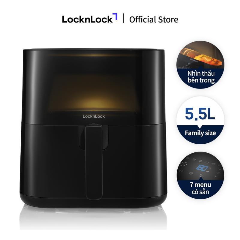 Nồi chiên không dầu LocknLock EJF996BLK - Dung tích 5.5L - Màu đen - Cửa kính cường lực trong suốt -Trang bị đèn LED - Điều khiển cảm ứng - 7 chế độ nấu cài sẵn - Giỏ chiên chống dính tháo rời
