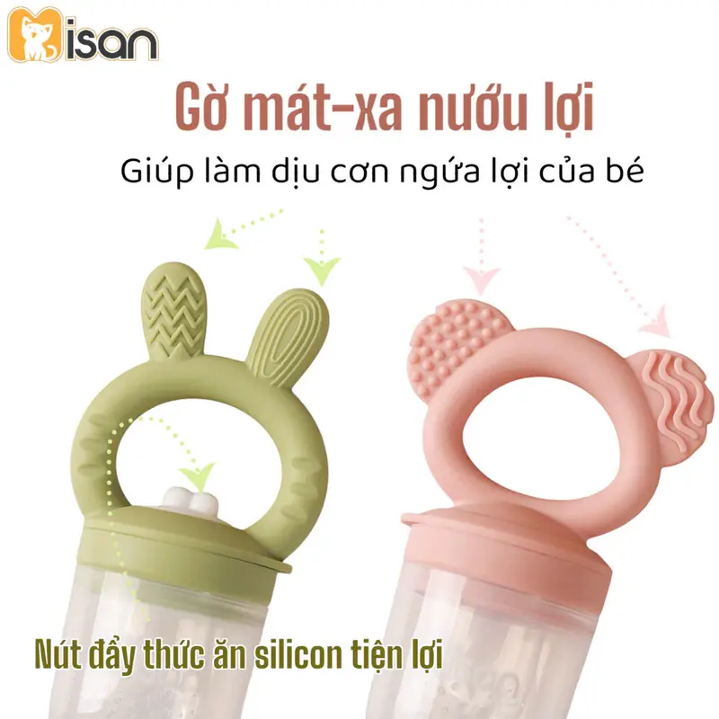 Túi Nhai Silicon Misan Hình Gấu Thỏ Kèm 3 Size Núm Cho Bé Từ 6 Tháng, Túi Nhai Gặm Nướu Cho Bé Misan Silicone 2in1 Tiện Lợi Kem 3