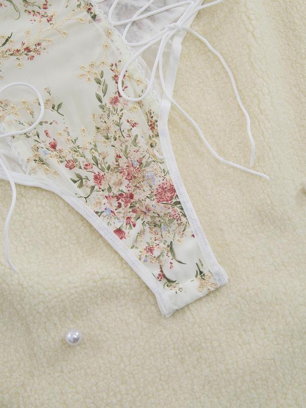Women's Floral Print Lace Up Shapewear Bodysuit, Adjustable Strap Backless Shaper, Tummy Control Shapewear for Women 3