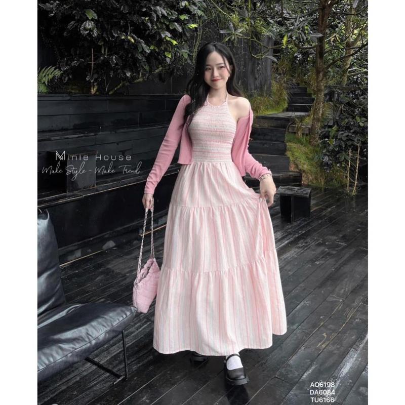 Đầm thời trang nữ mặc đi chơi chất linine cao cấp sọc caro cổ yếm dây đầm maxi kèm khoác borip tay dài váy 2